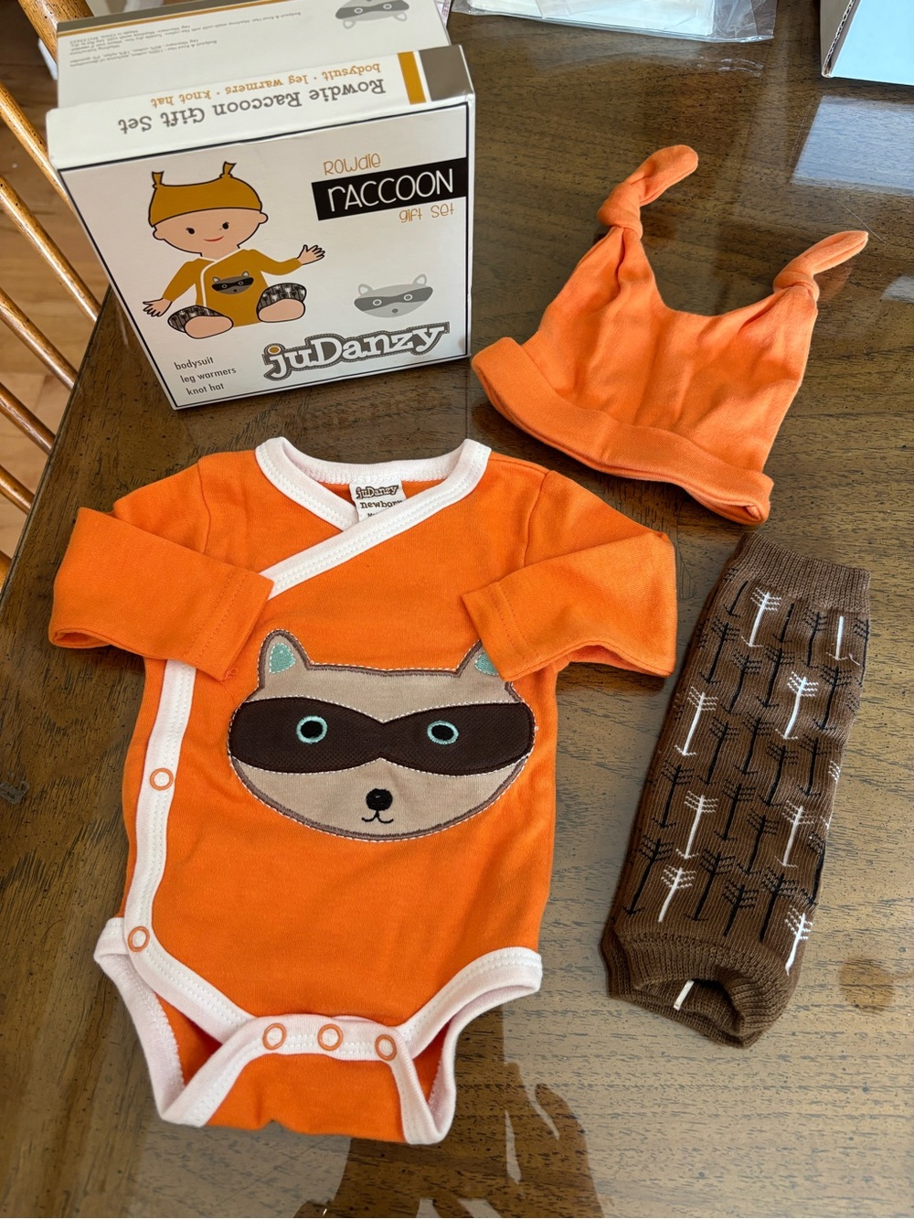 Danzy Orange Raccoon Wrap-Front Bodysuit with Knot Hat & Brown Leg Warmers